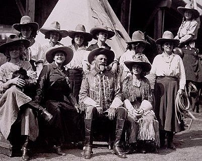 William F. "Buffalo Bill" posing with Wild West cowgirls, circa 1916. MS 6 William F. Cody Collection, McCracken Research Library. P.69.790