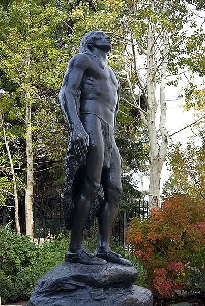 James Earle Fraser (1876 – 1953). Buffalo Prayer, modeled ca. 1917, copyrighted 1931, cast posthumously 1968. Cast 1 of edition of 2, Modern Art Foundry, New York, New York. Bronze, H 107.5 x W 36.5 inches. Gift of William E. Weiss. 51.72