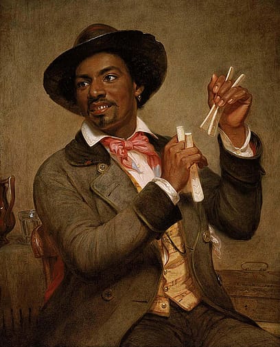 William Sidney Mount (1807-1868). "The Bone Player," 1856. Oil on canvas. Museum of Fine Art, Boston. Determined by MFA to be in Public Domain. 48.461
