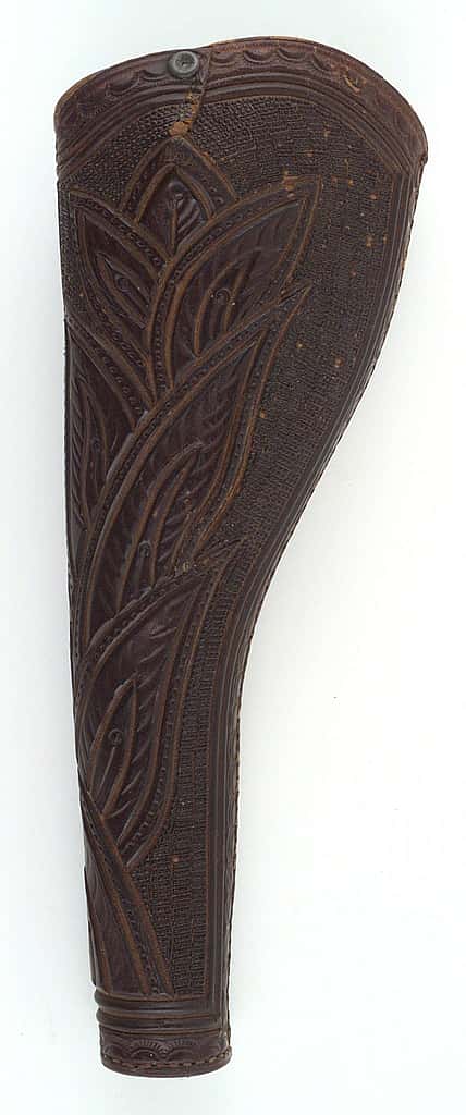 Leather Slim Jim styleholster with tooled leaf and border design, ca. 1860s. Part of the Buffalo Bill Museum collection. 1.69.1823