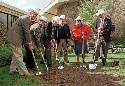 Left to right: Byron Price, Charles R. Preston, Alan K. Simpson, Colin Marshall, Nancy-Carroll Draper, and Willis McDonald IV at the groundbreaking for the Draper Natural History Museum, 2000.