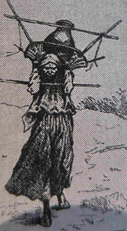 (Fig. 5) Frederic Remington (1861 - 1909). "Sketches Among the Papago of San Xavier" (detail), "Harper's Weekly" illustration, April 12, 1887. Reproduction courtesy the author. (Fig. 6) Maricopa burden basket of yucca, (detail) ca. 1880. Gift of The Coe Foundation. 1.67.124