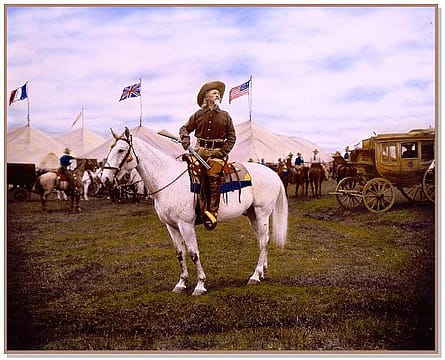 Hand-colored photograph of Buffalo Bill on horseback behind the scenes at a Wild West show, ca. 1910. MS 6 William F. Cody Collection, McCracken Research Library. P.69.0082