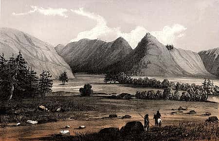 After John Mix Stanley, "Hell Gate, Entrance to Cadotte's Pass from the West. From Reports of Explorations and Surveys to Ascertain the Most Practicable and Economic Route for a Railroad from the Mississippi River to the Pacific Ocean," Volume 12, ca. 1857-1860. Colored lithograph. 12.87.3