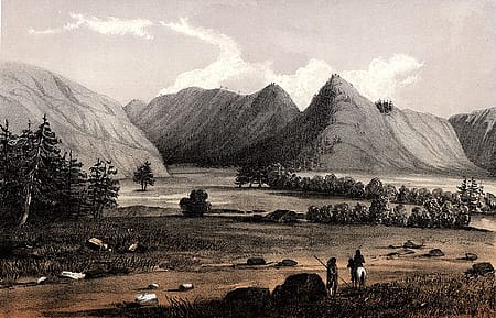 After John Mix Stanley, "Hell Gate, Entrance to Cadotte's Pass from the West. From Reports of Explorations and Surveys to Ascertain the Most Practicable and Economic Route for a Railroad from the Mississippi River to the Pacific Ocean," Volume 12, ca. 1857-1860. Colored lithograph. 12.87.3