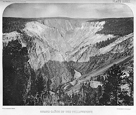 Albertype of William Henry Jackson photo of the Grand Canyon of the Yellowstone. U.S. Geological Survey of the Territories, 1871. Plate XXXII. Buffalo Bill Center of the West, Cody, Wyoming, USA. On loan from Dr. Robert Enteen. WHJ-A.034