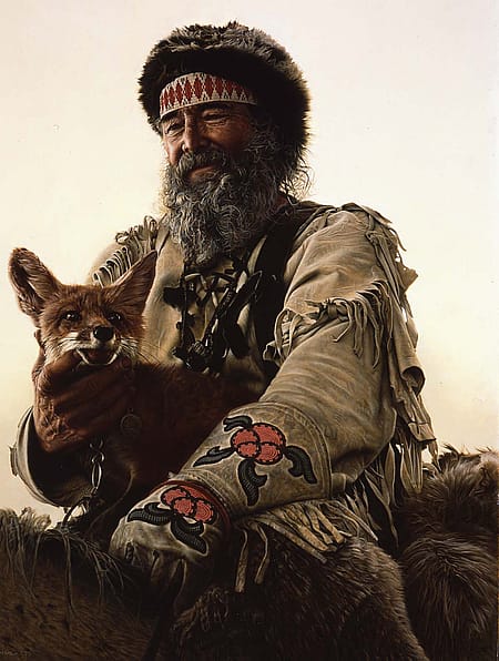 James Bama (1926 – 2022). Timber Jack Joe and Fox, 1979. Oil on artist's board, 30 x 23.875 inches. 19.98.1
