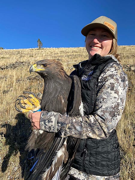 Hannah Leonard, Program Director for Sporting Lead-Free, holds a golden eagle. Hannah Leonard photo.