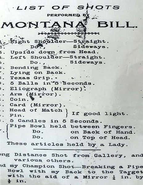 A list of Montana Bill's trick shots. Courtesy Tom F. Cunningham at snbba.co.uk.