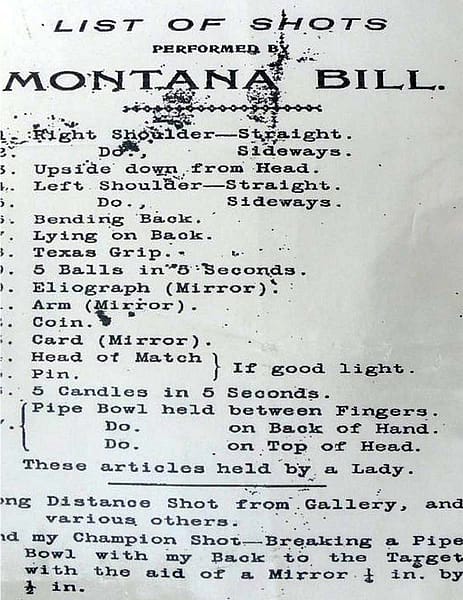 A list of Montana Bill's trick shots. Courtesy Tom F. Cunningham at snbba.co.uk.