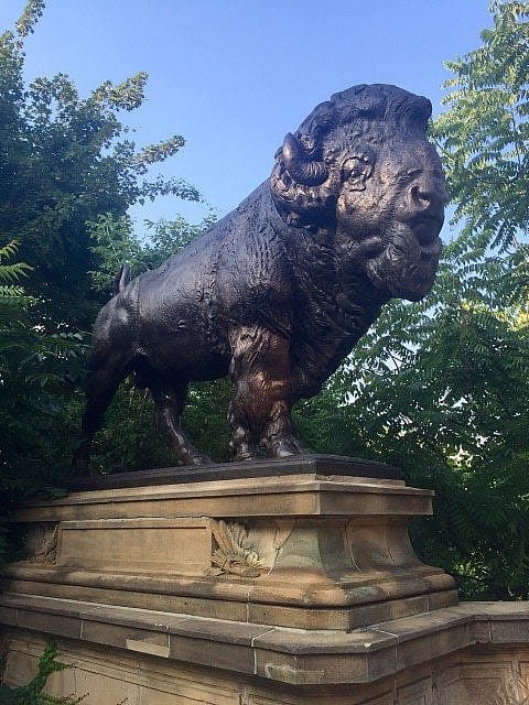Bronze bison statue standing on an ornate stone pedestal, surrounded by lush green foliage, with a strong and majestic stance against a bright sky.