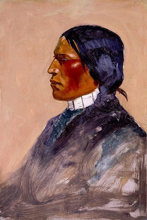 Frederic Remington (1861-1909). "Untitled," (Ute Man, study for "A Monte Game at the Southern Ute Agency"), 1900. Oil on board, 18 3/4 x 12 1/4 in. Gift of the Coe Foundation. 26.67