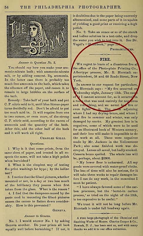 Edward Bierstadt's description of the fire that consumed Jackson's negatives and thwarted the publication of the Albertypes. We wonder how Ferdinand Hayden reacted to the telegram that notified him of this disaster. The "Philadelphia Photographer," February 1875. Image courtesy the author.