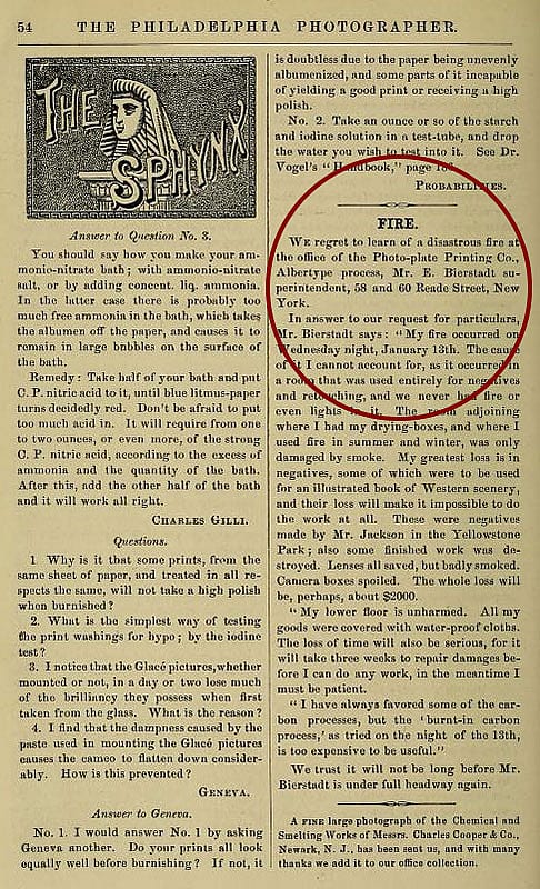 Edward Bierstadt's description of the fire that consumed Jackson's negatives and thwarted the publication of the Albertypes. We wonder how Ferdinand Hayden reacted to the telegram that notified him of this disaster. The "Philadelphia Photographer," February 1875. Image courtesy the author.