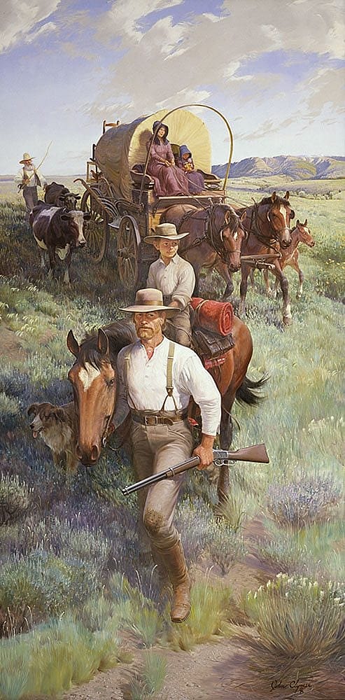 John Clymer (1907-1989). "The Homesteaders," 1970. Oil on canvas, 120.25 x 60.25 in. Gift of Winchester-Western Division, Olin Corporation. 25.70