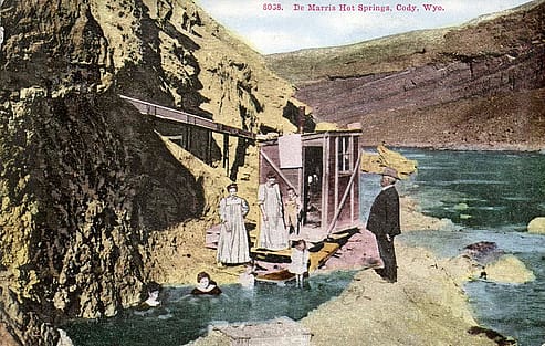 A postcard advertising Demaris Hot Springs at the mouth of the Shoshone River Canyon, 1910-1915. MS 006 William F. Cody Collection. P.6.1643.279