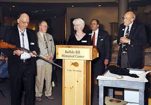 George Malone; Dr. John Rumm, western history curator; Barbara Self Malone; CEO Bruce Eldredge; and former Chairman of the Board, Alan K. Simpson, retired U.S. Senator from Wyoming.