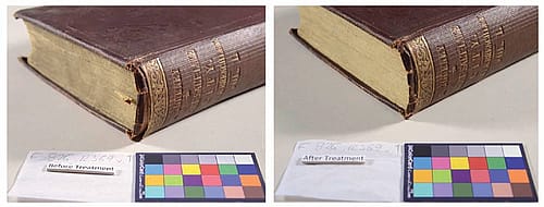 Conservation treatment "before and after" images of one of the rare book's in Mary Hiestand's collection.