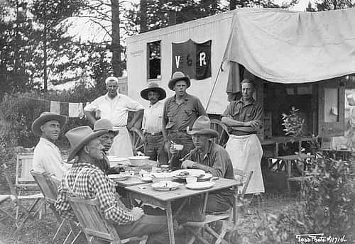 Dinner time on a pack trip in Yellowstone National Park. Park County Historical Archives photo.