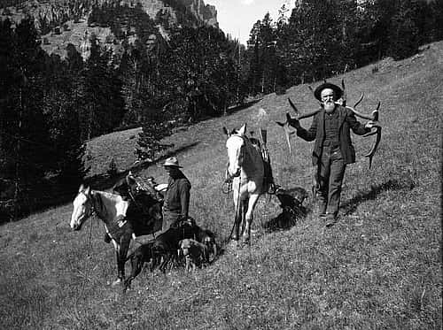 Ned Frost on the left with his horse and dogs; his father Mahlon Frost walking down the meadow with a magnificent elk trophy over his shoulders, and 8 by 7 elk rack.