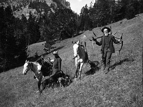 Ned Frost on the left with his horse and dogs; his father Mahlon Frost walking down the meadow with a magnificent elk trophy over his shoulders, and 8 by 7 elk rack.