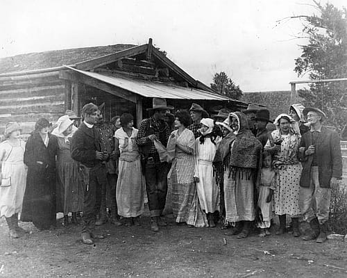 Members of the cast of "The Rider of the Painted Horse."