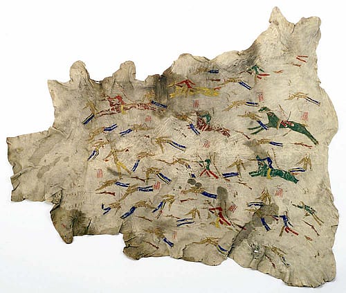 Painted deer hide of the Battle of Little Bighorn, Lakota, ca. 1895. Gift of Robert G. Charles. NA.702.4