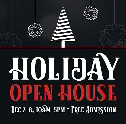 Holiday Open House graphic with white stylized tree and ornaments, with white and red text