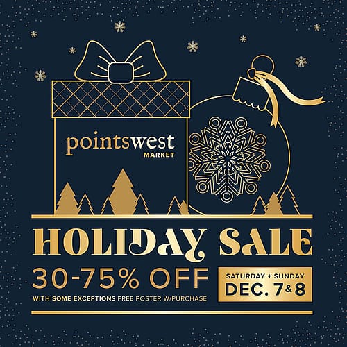 Holiday Sale graphic with aqua/blue background and gold text.