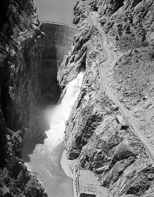 Buffalo Bill Dam and road through Shoshone Canyons, June 1965. MS 89 Jack Richard Photograph Collection, McCracken Research Library. PN.89.40.8637.07