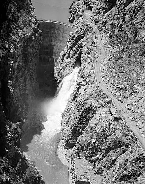 Buffalo Bill Dam and road through Shoshone Canyons, June 1965. MS 89 Jack Richard Photograph Collection, McCracken Research Library. PN.89.40.8637.07