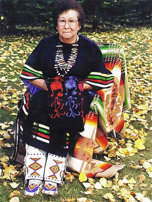 Freda Goodsell. The moccasins Mrs. Goodsell is wearing are her mother's, Christina Standing Bear Mesteth. Photo by John Moler, 1998.