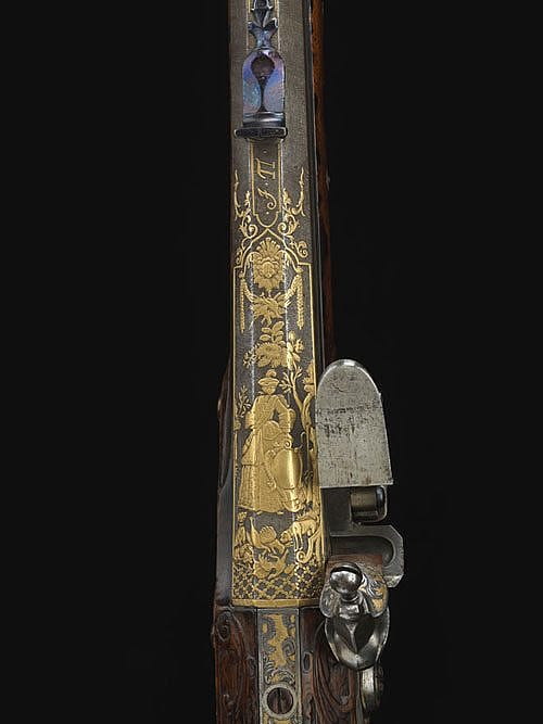 Closeup of engraving on the Jaeger rifle that belonged to Catherine the Great (1762-1796)