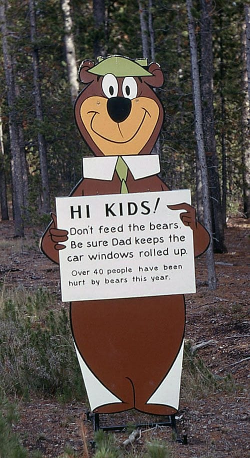 Yellowstone Park officials used Yogi's image to warn visitors against feeding bears. NPS photo by William S. Keller, 1961.