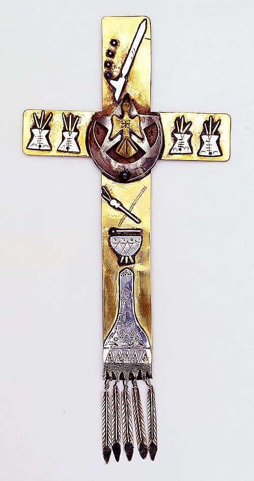 Native American Church Cross. Mitchell Zephier, Lower Brule Lakota, ca. 1979. German silver and brass. NA.502.48