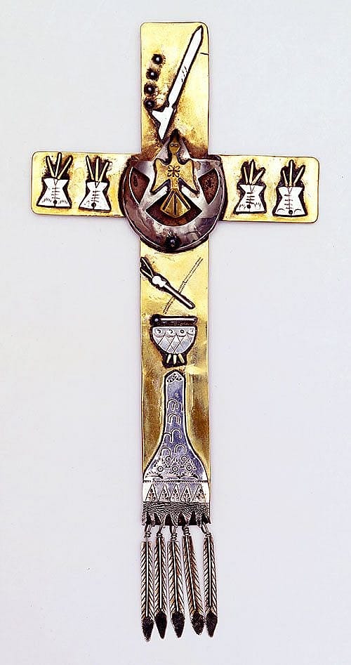Native American Church Cross. Mitchell Zephier, Lower Brule Lakota, ca. 1979. German silver and brass. NA.502.48