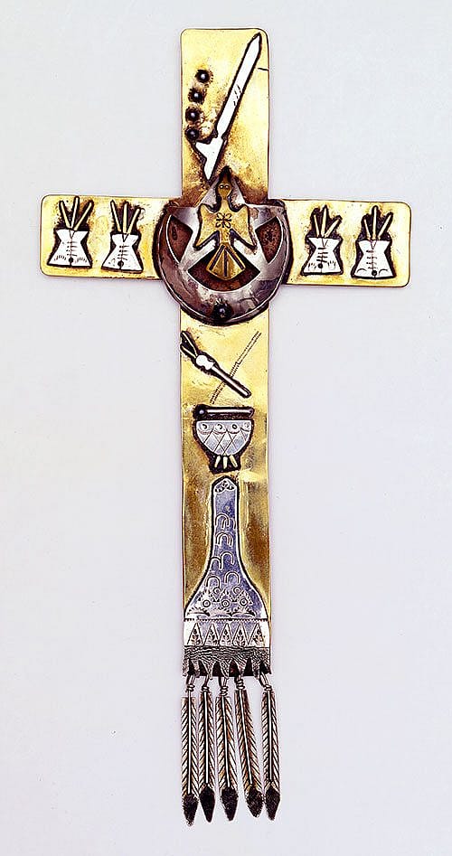 Native American Church Cross. Mitchell Zephier, Lower Brule Lakota, ca. 1979. German silver and brass. NA.502.48