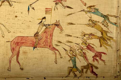 A Treasure from Our West: Mee-nah-tsee-us (White Swan) (ca. 1851-1904). Apsaalooke (Crow), Montana. Painting, ca. 1887. Muslin, pencil, ink, watercolor, 37.25 x 70.5 inches. The Paul Dyck Plains Indian Buffalo Culture Collection, acquired through the generosity of the Dyck family and additional gifts of the Nielson Family and the Estate of Margaret S. Coe. NA.702.40