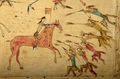 A Treasure from Our West: Mee-nah-tsee-us (White Swan) (ca. 1851-1904). Apsaalooke (Crow), Montana. Painting, ca. 1887. Muslin, pencil, ink, watercolor, 37.25 x 70.5 inches. The Paul Dyck Plains Indian Buffalo Culture Collection, acquired through the generosity of the Dyck family and additional gifts of the Nielson Family and the Estate of Margaret S. Coe. NA.702.40
