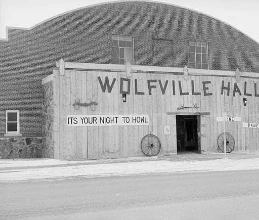Jack Richards photo, Front of Cody Auditorium with Wolfville Hall Facade, 1960s. MS 89 Jack Richard Photograph Collection, McCracken Research Library. PN.89.52.10388.07