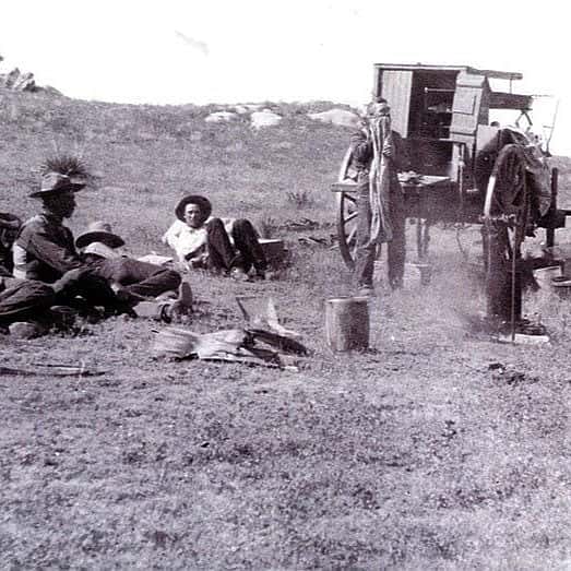 Mess wagon with green painted box and red painted undercarriage and wheels. Running gear, 19th century. Box manufactured by Columbus. Used as a mess wagon on the Muddy Creek (or Mill Iron) Ranch near Hardin, Montana until 1967. 1.69.2046.1; McCracken Research Library