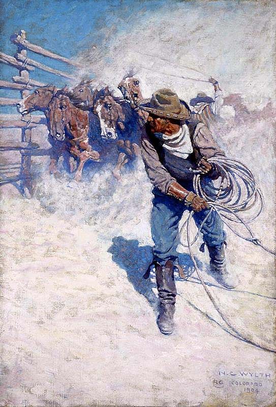 N.C. Wyeth (1882-1945). "Above the Sea of Round, Shiny Backs the Thin Loops Swirled and Shot into Volumes of Dust," 1904-1905. Oil on canvas, 38 x 26 in. Gift of John M. Schiff. 3.77