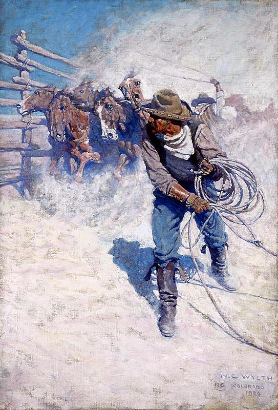 N.C. Wyeth (1882-1945). "Above the Sea of Round, Shiny Backs the Thin Loops Swirled and Shot into Volumes of Dust," 1904-1905. Oil on canvas, 38 x 26 in. Gift of John M. Schiff. 3.77
