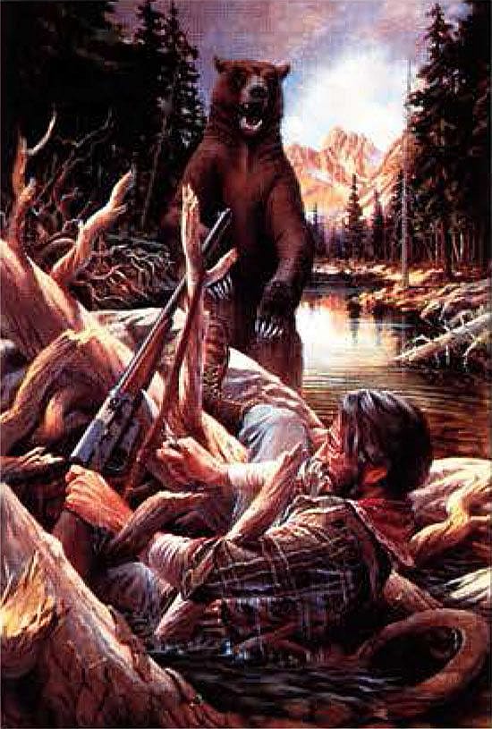 Painted by wildlife artist L.W. Duke for Remington's knife poster of 1989, "In the Nick of Time" depicts a critical moment as a western hunter cuts loose his entangled Remington Model 8 semi-automatic rifle as a grizzly bear rises to attack.
