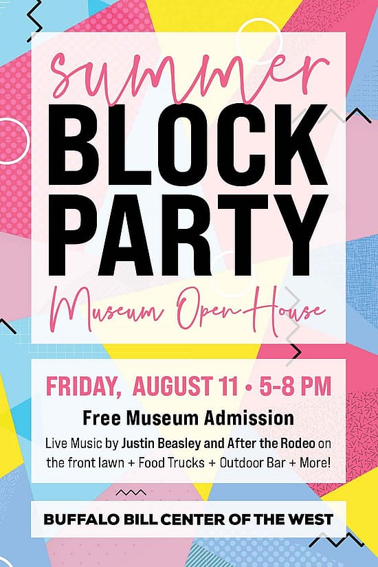 Pink, blue, and yellow graphic advertising the Summer Block Parky and activities