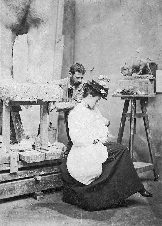 Alexander Phimister Proctor and Mody with child in studio. Fall 1896. MS 242 Alexander Phimister Proctor Collection, McCracken Research Library. P.242.130