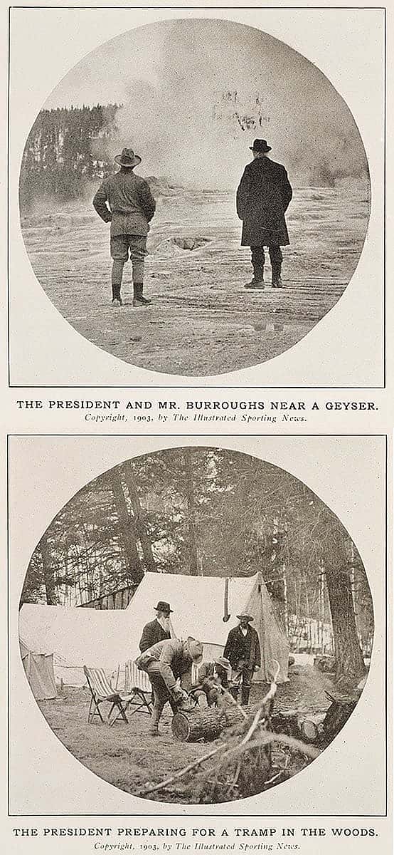 The President and Mr. Burroughs Near a Geyser; and The President Preparing for a Tramp in the Woods. 1903, The Illustrated Spring News.