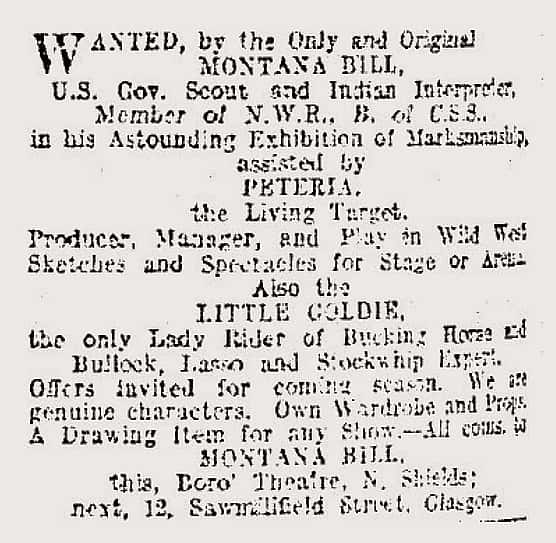 Montana Bill seeking participants for his exhibition, ad dated January 23, 1913, "Wanted by the Only and Original MONTANA BILL, U.S. Gov. Scout and Indian Interpreter…in his Astounding Exhibition of Marksmanship…Sawmillfield Street, Glasgow." Courtesy Tom F. Cunningham at snbba.co.uk.