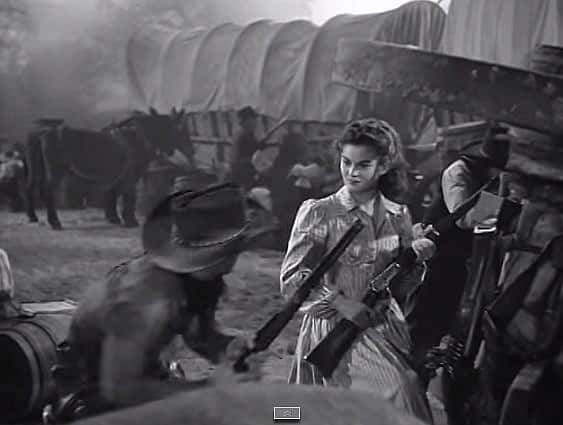 Montgomery Clift as Matt Garth and  Joanne Dru as Tess Millay from Red River (1948). Directed by Howard Hawks: MGM. Screenshot taken by Leah Madsen