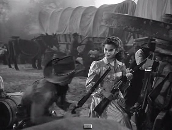 Montgomery Clift as Matt Garth and  Joanne Dru as Tess Millay from Red River (1948). Directed by Howard Hawks: MGM. Screenshot taken by Leah Madsen